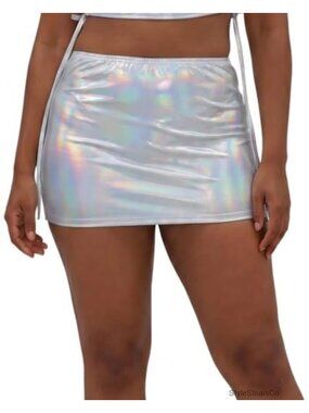 Women's Iridescent Holographic High Waisted Mini Skirt Metallic Fabric